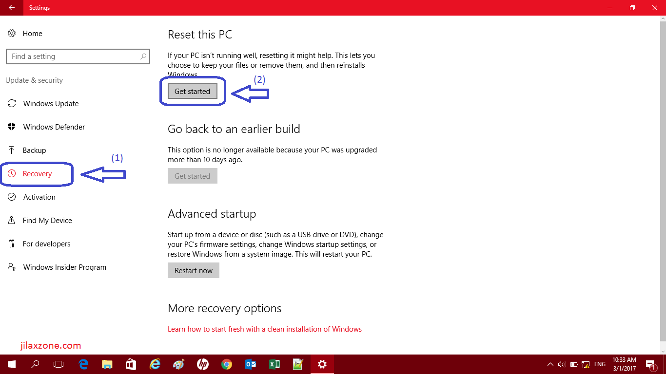 windows 10 resetting the pc stuck at 1