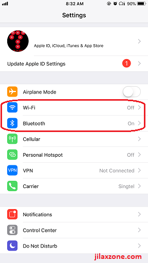 iPhone X jilaxzone.com Bluetooth and Wifi Control Center