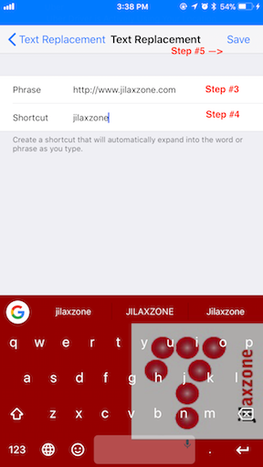 iOS Text Replacement jilaxzone.com add new keyboard shortcut