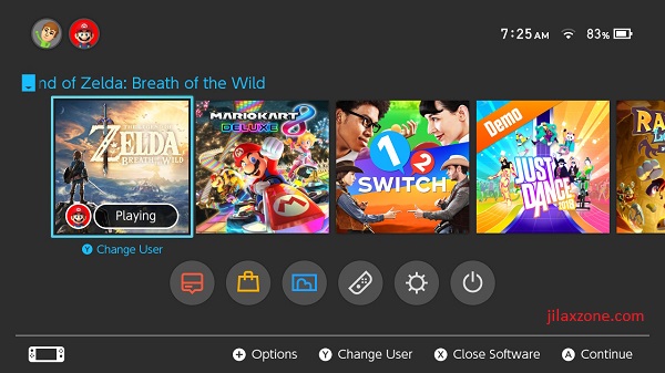 Nintendo Switch jilaxzone.com Main Menu Interface