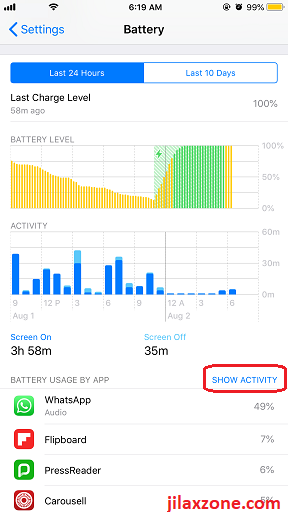 iOS12 Battery Level and Activity jilaxzone.com