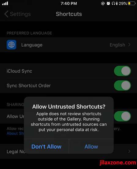 Tap allow untrusted shortcuts jilaxzone.com