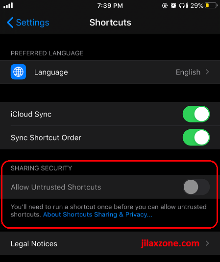 allow untrusted shortcuts jilaxzone.com