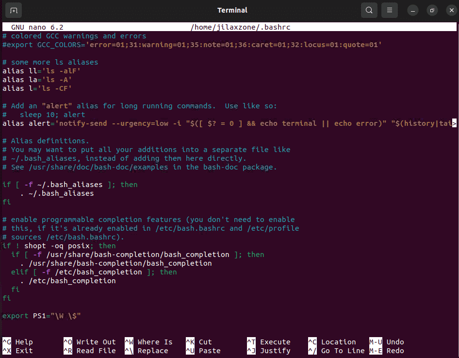 Linux Terminal bashrc edit jilaxzone.com